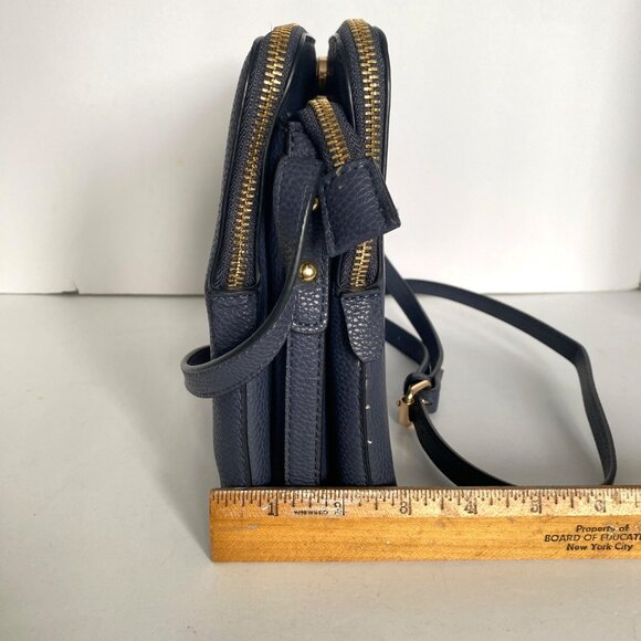 Navy Blue Pleather Crossbody Purse Multi Section Adj Strap Gold Tone Zippers - Picture 14 of 14